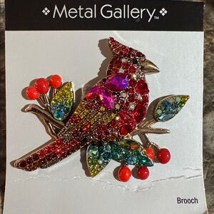 Metal Gallery Gold Tone Multicolor Rhinestones Cardinal Bird Brooch Pin New